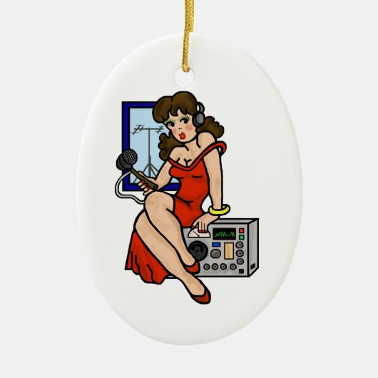 Ham Radio Pin-up Girl Brunette kerstversiering Keramisch Ornament (Voorkant)