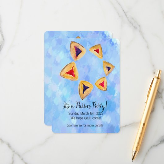 Hamantaschen Star Purim Party Uitnodigingsbijlage Informatiekaartje (Voorkant / Achterkant in situ)