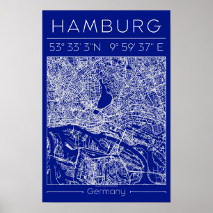 Hamburg Blauwdruk Stadkaart Poster Minimaal Wandde