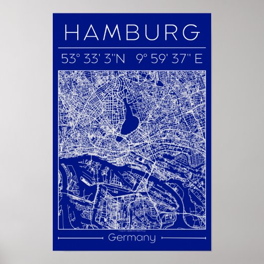 Hamburg Blauwdruk Stadkaart Poster Minimaal Wandde (Voorkant)