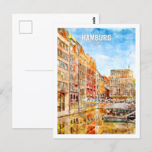 Hamburg Duitsland Beroemde Travel Waterverf Sketch Briefkaart