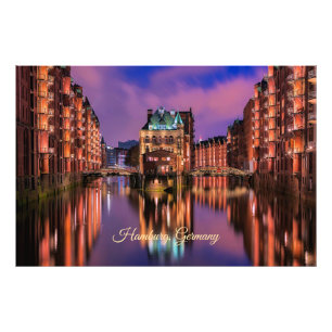 Hamburg, Duitsland bij nacht Foto Afdruk