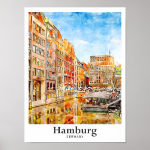 Hamburg Duitsland Reizen Waterverf Hand getekend Poster