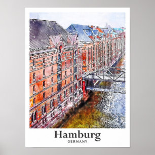 Hamburg Duitsland Reizen Waterverf Hand getekend Poster