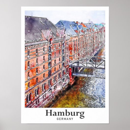 Hamburg Duitsland Reizen Waterverf Hand getekend Poster (Voorkant)