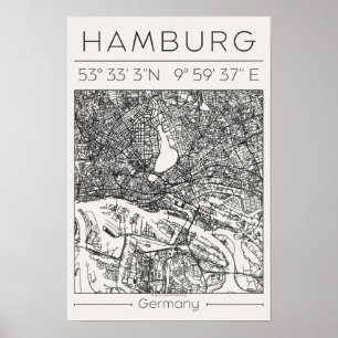 Hamburg Houtskool Stad Kaart Poster Minimal Duitsl