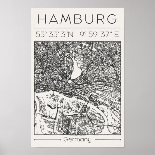 Hamburg Houtskool Stad Kaart Poster Minimal Duitsl (Voorkant)