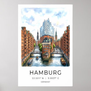 Hamburg Kanaal Kunstprint - Waterverf Stadsgezicht Poster