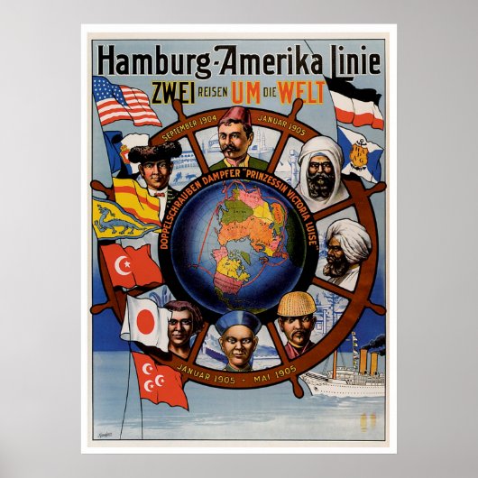 Hamburg  scheepsadvertentie met de Amerika Line Poster (Voorkant)