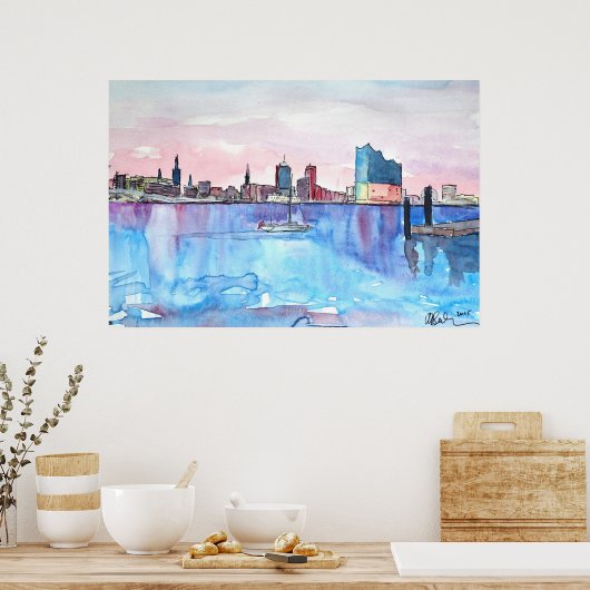 Hamburg Skyline en Elbe Philharmonic Hall in Dusk Poster (Keuken)