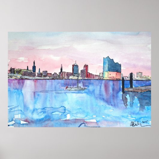 Hamburg Skyline en Elbe Philharmonic Hall in Dusk Poster (Voorkant)