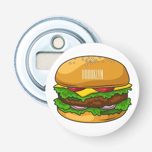 Hamburger cartoon illustratie button flesopener (Voorkant)
