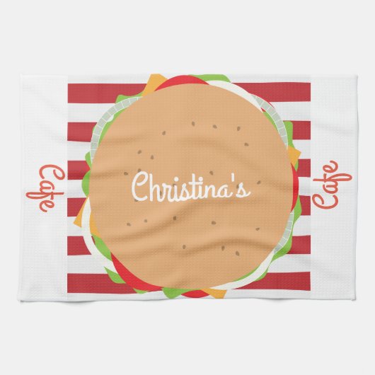 Hamburger cheeseburger schattig café gestreept din theedoek (Horizontaal)