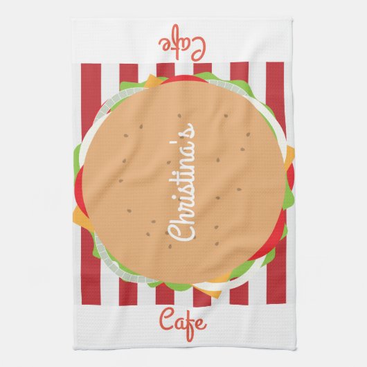Hamburger cheeseburger schattig café gestreept din theedoek (Verticaal)
