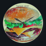 Hamburger Clock, Pop Art van Artlarissa Grote Klok<br><div class="desc">Fun klok met het afbeelding van je favoriete hamburger. Met een uitleg van de humor over de wedstrijd: vet en natrium,  enzovoort!!! Het heeft een kleine herinnering - alleen in hoesje :) Ontworpen door Pelari op basis van de oorspronkelijke Pop Art,  Artlarissa.</div>