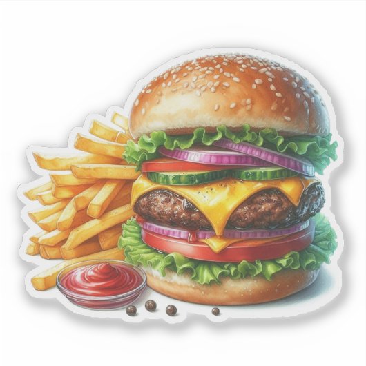 Hamburger en frietjes sticker (Voorkant)