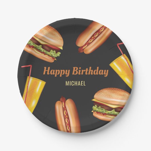 Hamburger en hotdog fastfood gelukkig verjaardag papieren bordje (Voorkant)