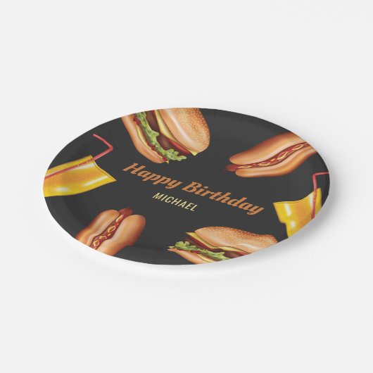 Hamburger en hotdog fastfood gelukkig verjaardag papieren bordje (Gekanteld)
