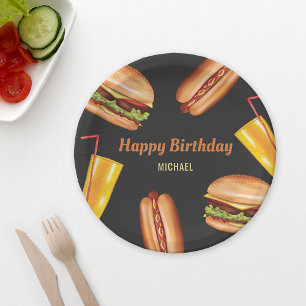 Hamburger en hotdog fastfood gelukkig verjaardag papieren bordje