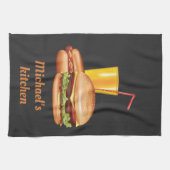 Hamburger en hotdog met Drink en tekst Theedoek (Horizontaal)
