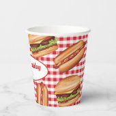 Hamburger en hotdog op rode gingham verjaardag papieren bekers (Achterkant)