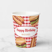 Hamburger en hotdog op rode gingham verjaardag papieren bekers (Links)