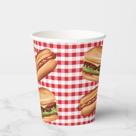 Hamburger en hotdog op rode gingham verjaardag papieren bekers (Rechts)