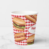 Hamburger en hotdog op rode gingham verjaardag papieren bekers (Voorkant)