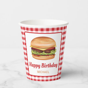 Hamburger eten op Red Gingham Happy Birthday Papieren Bekers