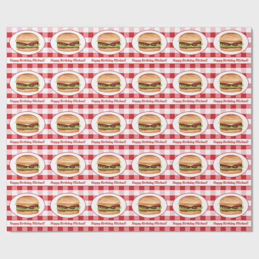 Hamburger eten op rode gingham en aangepaste tekst cadeaupapier (Vlak)