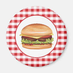 Hamburger Fast Food Illustratie Op Rode Gingham Magneet