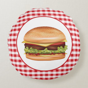 Hamburger Fast Food Illustratie Op Rode Gingham Rond Kussen