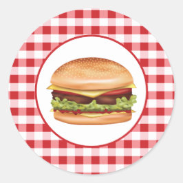 Hamburger Fast Food Illustratie Op Rode Gingham Ronde Sticker