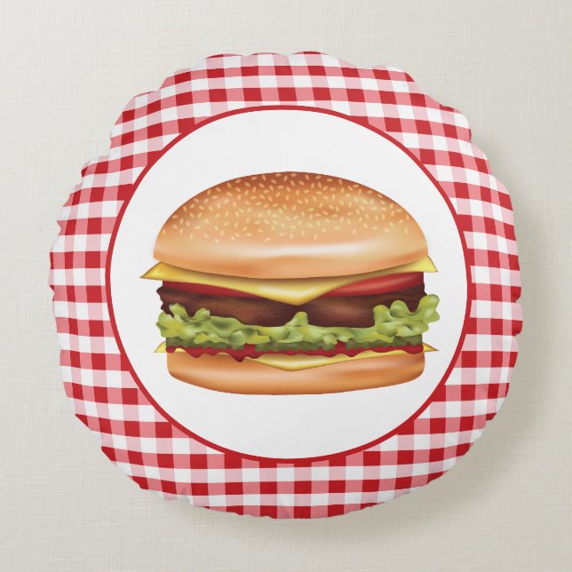 Hamburger fastfood illustratie op rode gingham rond kussen (Voorkant)
