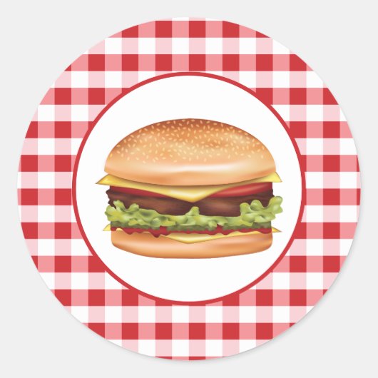 Hamburger fastfood illustratie op rode gingham ronde sticker (Voorkant)