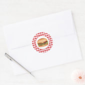 Hamburger fastfood illustratie op rode gingham ronde sticker (Envelop)
