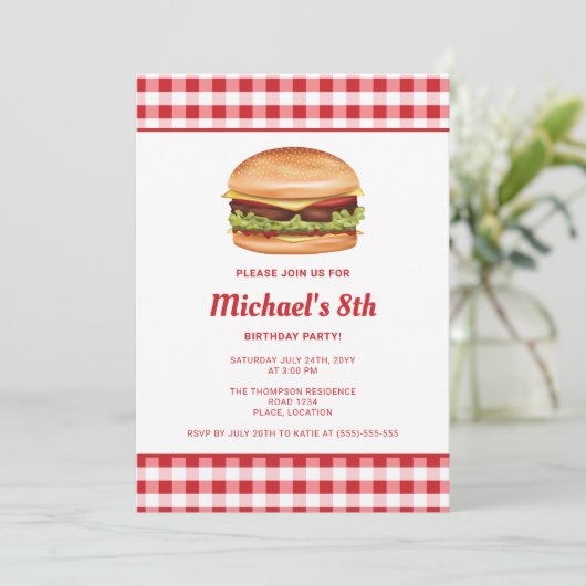 Hamburger fastfood illustratie verjaardagsfeestje kaart (Staand voorkant)