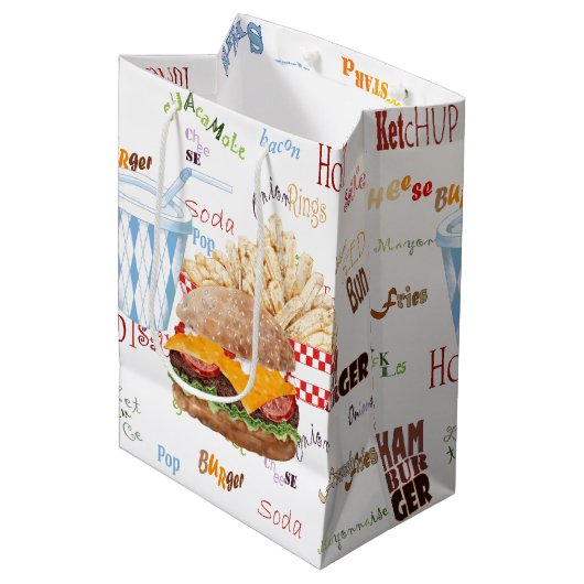 Hamburger Fries Fast Food BBQ Diner Medium Cadeauzakje (Voorkant Gekanteld)