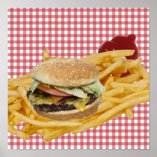 Hamburger, friet, rood-wit geruit achtergrond poster (Voorkant)