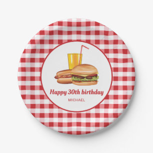 Hamburger Hotdog En Drank Rode Gingham Verjaardag Papieren Bordje