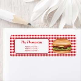 Hamburger op rode gingham met aangepaste tekst etiket
