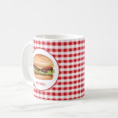 Hamburger op rode gingham met aangepaste tekst koffiemok (Voorkant links)