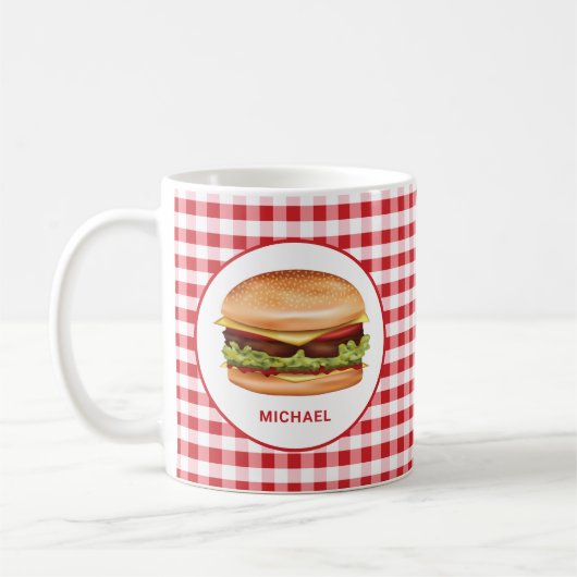 Hamburger op rode gingham met aangepaste tekst koffiemok (Links)