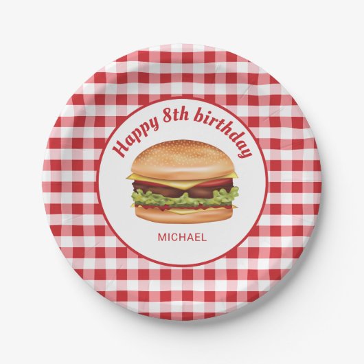 Hamburger op rode gingham patroon Gefeliciteerd Papieren Bordje (Voorkant)