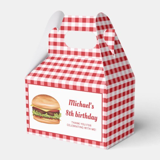 Hamburger op rode Gingham verjaardag dank u Bedankdoosjes (Voorkant Zijde)