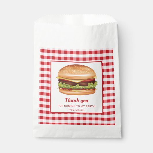Hamburger op rode Gingham verjaardag dank u Bedankzakje (Voorkant)
