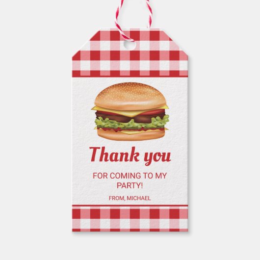 Hamburger op rode Gingham verjaardag dank u Cadeaulabel (Voorkant)