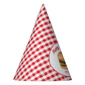 Hamburger op rood gingham patroon gelukkige verjaa feesthoedjes (Links)