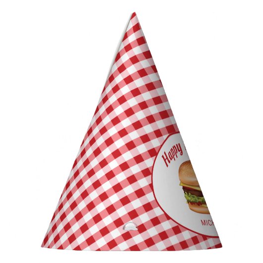 Hamburger op rood gingham patroon gelukkige verjaa feesthoedjes (Links)