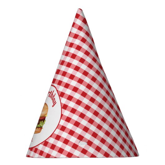 Hamburger op rood gingham patroon gelukkige verjaa feesthoedjes (Rechts)